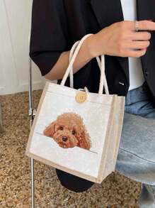 Chic Poodle Print Linen Tote Bag, Reusable Printed Women'S Tote Bag, Double Handle Shopping School Bag, Large Capacity Shoulder Bag, Casual Tote Bag, Suitable For Commuting, School And Shopping, Convenient For Outdoor Use, Gift For Friends And Besties, Teacher Gift, Perfect Choice For Vacation And Festival, Best Teacher,Suitable For Mother's Day, Wedding Season, Graduation Season,Gifts For Family And Friends,Love You Mom