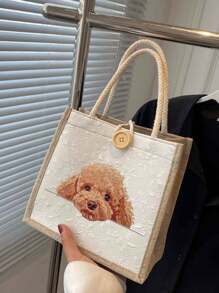 Chic Poodle Print Linen Tote Bag, Reusable Printed Women'S Tote Bag, Double Handle Shopping School Bag, Large Capacity Shoulder Bag, Casual Tote Bag, Suitable For Commuting, School And Shopping, Convenient For Outdoor Use, Gift For Friends And Besties, Teacher Gift, Perfect Choice For Vacation And Festival, Best Teacher,Suitable For Mother's Day, Wedding Season, Graduation Season,Gifts For Family And Friends,Love You Mom