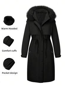 Risissida Women's Autumn/Winter Detachable Faux Fur Collar Thickened Down Jacket, Zipper/Button Closure, With Pockets - Black - View 1