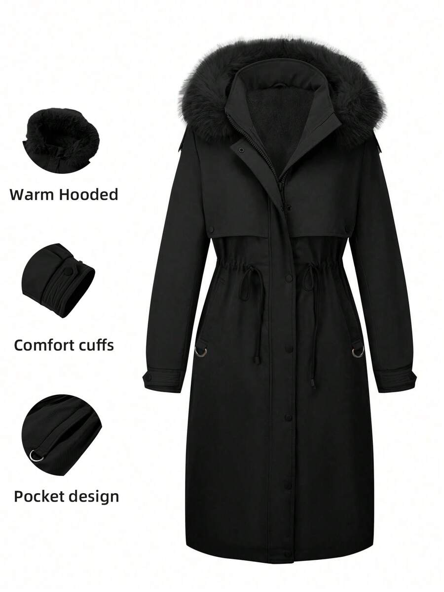 Risissida Women's Autumn/Winter Detachable Faux Fur Collar Thickened Down Jacket, Zipper/Button Closure, With Pockets - Black - View 1