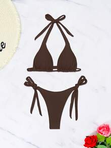 Sexy Solid Color Nylon Double-Sided High Waist Bikini Set, For Summer Beach Vacation - Brown - View 5