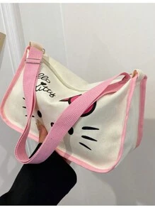 Sanrio 1 Borsa in tela con stampa di Hello Kitty, borsa a tracolla, borsa a tracolla, zaino di grande capacità per studenti di scuola elementare e media, borsa scolastica, portatile, pieghevole, di grande capienza, adatta per ragazze adolescenti, donne, studenti universitari