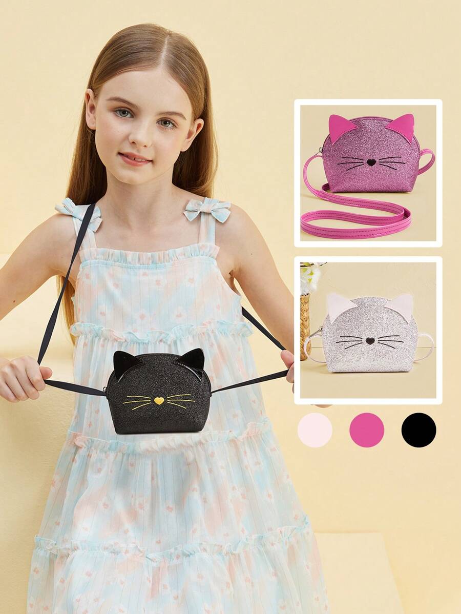 1pc Kids Glitter Sparkly Kitten Cute Cartoon Mini Shoulder Crossbody Bag Coin Purse, Suitable For Daily Use, Birthday Gift, Matching Outfit - A - View 1