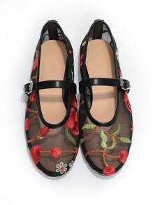 Women's Summer Mesh Embroidery Flower Pattern Fashion Mary Jane Flat Shoes, Breathable Hollow Out Outdoor Sandals Valentines - Black - View 5
