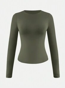 XLLAIS Camiseta de manga larga ajustada y elástica de color rojo brillante para mujer, de estilo casual y de club, para primavera - Verde militar - Ver 8