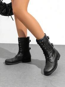 Women's Mid-Calf Combat Boots Round Toe Lace-Up Coin Pocket Outdoor Commuter Black Boots