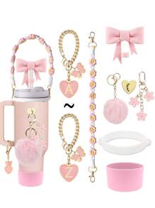 1 pieza / Set de 8 accesorios para tazas, adecuado para tumblers de 30oz y 40oz: Bota de silicona, tapa con sorbete simple de 10mm, colgante con flor para volver al colegio, colgante con lazo y cadena de metal ajustable, fundas reutilizables para sorbete, tapas anti-polvo para sorbete, funda protectora antideslizante para vasos de vidrio con asa, colgante de pompón rosa, cordón para la muñeca con margarita linda, decoración de mariposa rosa linda, regalo para vacaciones, regalo del día de San Valentín.