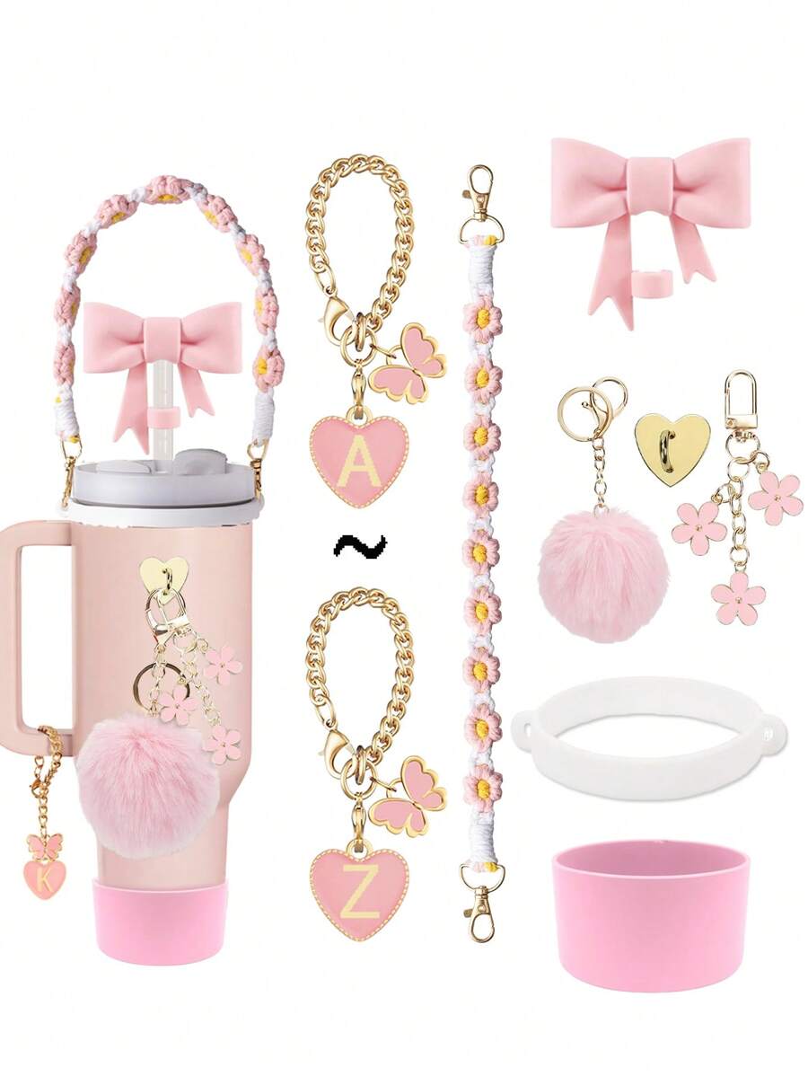 1 pieza / Set de 8 accesorios para tazas, adecuado para tumblers de 30oz y 40oz: Bota de silicona, tapa con sorbete simple de 10mm, colgante con flor para volver al colegio, colgante con lazo y cadena de metal ajustable, fundas reutilizables para sorbete, tapas anti-polvo para sorbete, funda protectora antideslizante para vasos de vidrio con asa, colgante de pompón rosa, cordón para la muñeca con margarita linda, decoración de mariposa rosa linda, regalo para vacaciones, regalo del día de San Valentín.