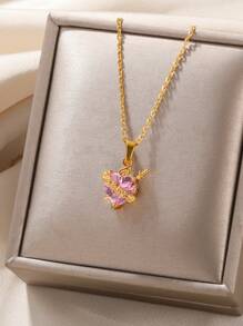 1 pièce Collier Cœur Immaculé de Marie Délicat Pendentif en Forme de Cœur Rose en Zirconium Chaîne en Acier Inoxydable Bijoux Catholiques Accessoires Mode pour la Saint-Valentin