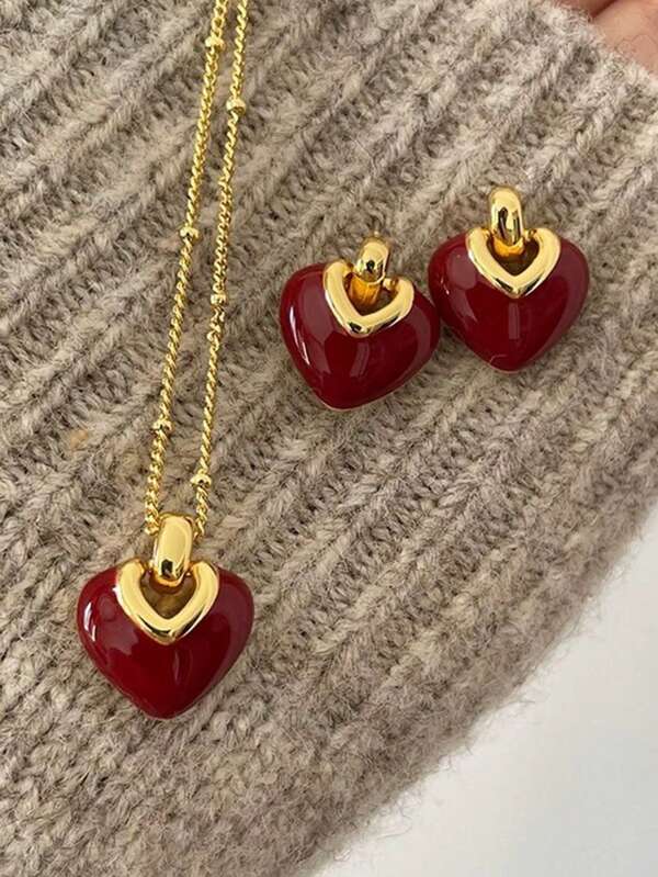 Set de joyas de aleación con corazón esmaltado: 3 piezas que incluye aretes, collar y colgante, versátil, adecuado para el Día de la Madre para usar y regalar