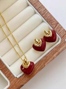 Set de joyas de aleación con corazón esmaltado: 3 piezas que incluye aretes, collar y colgante, versátil, adecuado para el Día de la Madre para usar y regalar