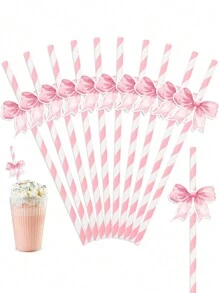 10 件粉色蝴蝶结一次性纸吸管（DIY 带点胶），粉色条纹吸管蝴蝶结派对装饰吸管，单身派对婚礼派对用品 - 粉色 - 查看 1