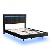 Queen Size Floating Bed Frame With LED Lights And USB Charging,Modern Upholstered Platform LED Bed Frame, White - Đen + PU-2 - Xem 5