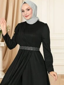 Bata de unicolor, diseño de cintura con cinturón, elegante y de alta gama, diseño plisado, digno y apropiado, vestido de mujer - Negro - Ver 5