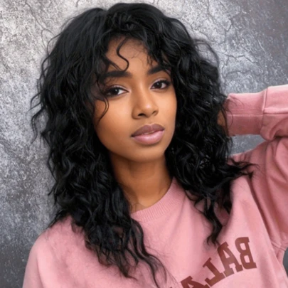 2025 Natural Messy Medium Length Black Curly Hair, Woman Wig With Bangs ,High-Quality Synthetic Wig, Suitable For Daily Gatherings And Halloween Wigs Christmas Wigs