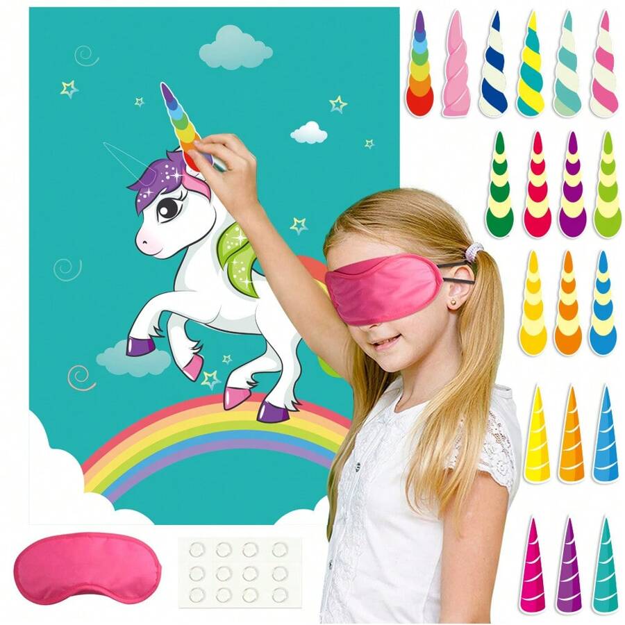 Juego de fiesta de cumpleaños para niños "Pega el cuerno al unicornio", póster del juego con pegatinas de cuernos para el juego "Pega la cola", juego de fiesta de unicornio para niños, suministros para fiestas, decoraciones para paredes y habitaciones, póster del juego de las pegatinas del cuerno del unicornio con máscara para los ojos, regalo de cumpleaños - Ver 1