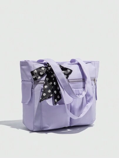 ROMWE Kawaii Multi-Pocket Solid Color Large Capacity Tote Bag, Simple And Lightweight, Fits Laptop