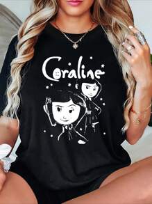 Cartoon Print Crew Neck T-Shirt, Casual Tee, Medium Stretch Fabric, For Women, All-Season Short Sleeve Top - Black - View 1