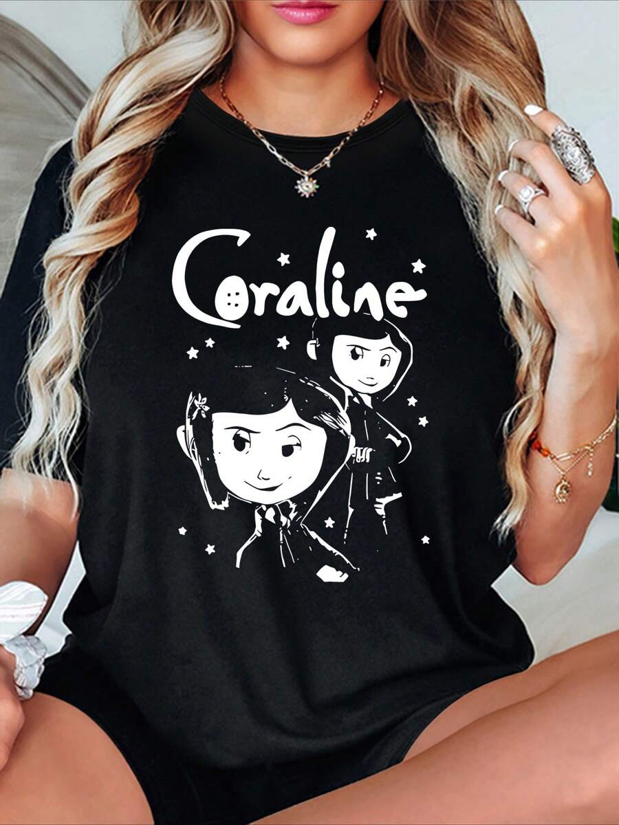 Cartoon Print Crew Neck T-Shirt, Casual Tee, Medium Stretch Fabric, For Women, All-Season Short Sleeve Top - Black - View 1
