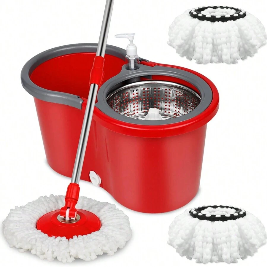 Spin Mop And Bucket Set, Mop And Bucket With Wringer Set, 360°Spin Mop Kit With 2 Extra Microfiber Mop Replacement Heads, Spinning Mop Bucket System For Floor Cleaning (Red) - Đỏ - Xem 1