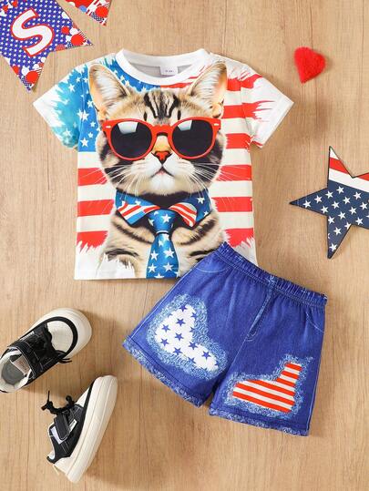 2 Pieces Young Girls Summer Set: Short Sleeve T-Shirt And Shorts, Soft Fabric, Cat Print, Independence Day Style, For 4-7 Years Old Girl With American Flag Print Shorts
