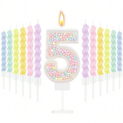 各种数字 0-9 马卡龙色闪光 3D 数字蜡烛，带 12 个彩虹螺旋烛台，适合女孩、男孩、生日蛋糕、婚礼、周年纪念、甜蜜派对装饰、生日蜡烛、生日装饰、生日快乐、蛋糕蜡烛、房间装饰