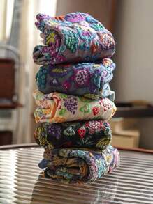 5 双女式民族风格花卉袜子，复古艺术中筒袜，多色 3D 水果花卉图案 - 彩色 - 查看 1