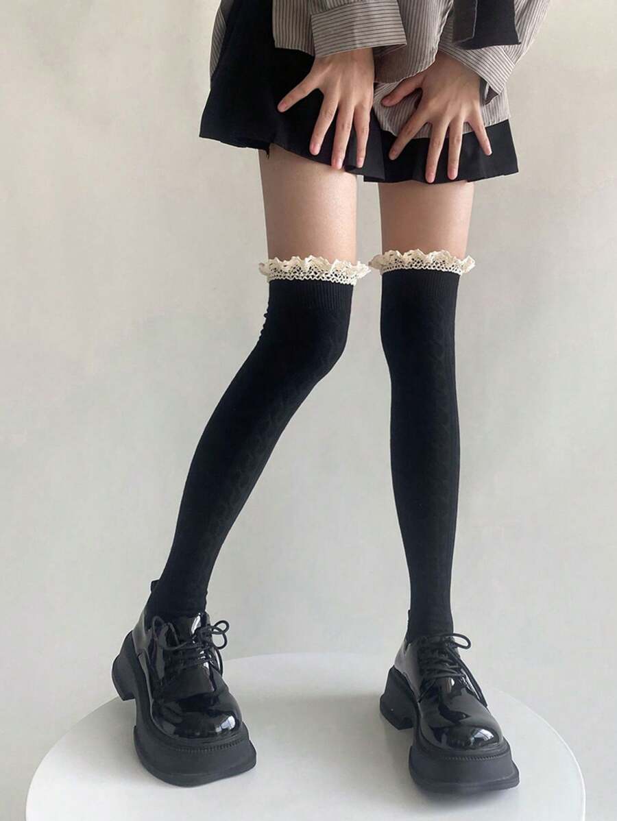 1 双女士黑色蕾丝边过膝袜，洛丽塔学院风 - 黑色 - 查看 1