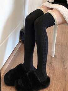 1 双女士黑色蕾丝边过膝袜，洛丽塔学院风 - 黑色 - 查看 2
