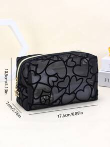 1pc New Heart-Shaped Mesh Makeup Bag, Black Minimalist Cosmetic Organizer, Multi-Functional Toiletry Bag Suitable For Makeup, Travel, Daily Use Summer Travel, Vacation Home Bathroom Decor Holiday Makeup Organizer Bathroom Accessories Back To School - Black - View 7