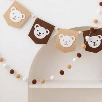 1 套森林熊主题儿童生日装饰，DIY 棕熊毛球横幅，适合婴儿生日、学校庆祝、毕业庆祝。
