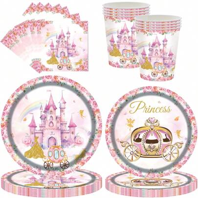 10/20/40pcs,Princess Castle Party Tableware Set,Pink Castle Disposable Dinnerware Set Includes Plates, Cups, Napkins , Table Decor, Birthday Decor, Picnic Utensil, Scene Decor, Party Atmosphere Props, Holiday Supplies