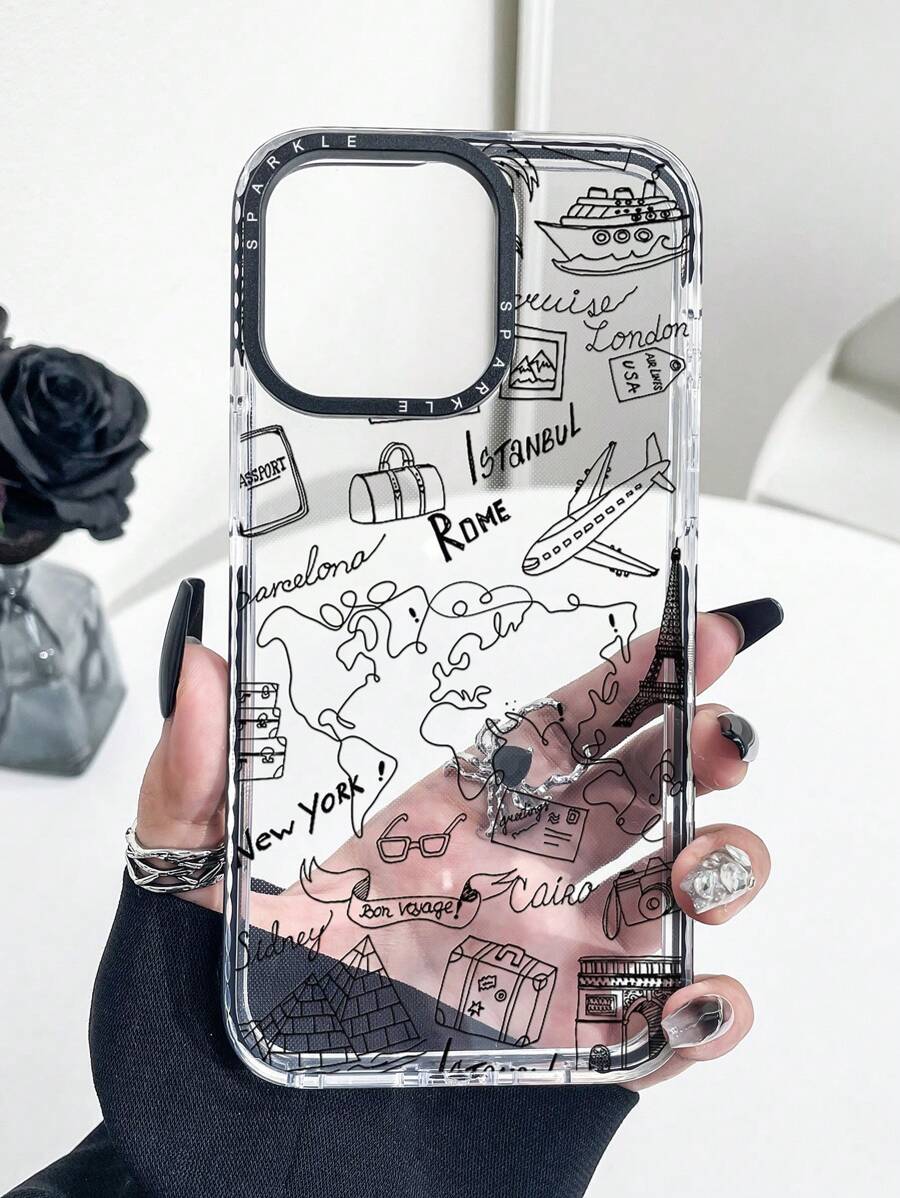 Travel Phone Case 1pc Fashionable Transparent Line Aircraft & Ship Print Shock-Proof Protective Phone Case, Compatible With IPhone 11 12 13 14 11Promax 12Promax 13Promax 14Promax XR 15 15PRO 15PROMAX 16 16PRO 16PROMAX