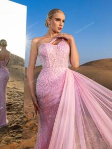 Faeriesty Haute Glamour Gorgeous Asymmetric Neckline Floral Sequins Beaded Formal Dresses & Evening Gowns