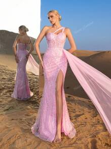 Faeriesty Haute Glamour Gorgeous Asymmetric Neckline Floral Sequins Beaded Formal Dresses & Evening Gowns