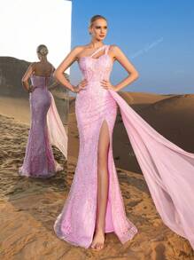 Faeriesty Haute Glamour Gorgeous Asymmetric Neckline Floral Sequins Beaded Formal Dresses & Evening Gowns