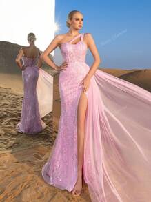 Faeriesty Haute Glamour Gorgeous Asymmetric Neckline Floral Sequins Beaded Formal Dresses & Evening Gowns