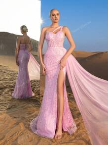 Faeriesty Haute Glamour Gorgeous Asymmetric Neckline Floral Sequins Beaded Formal Dresses & Evening Gowns