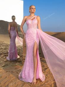Faeriesty Haute Glamour Gorgeous Asymmetric Neckline Floral Sequins Beaded Formal Dresses & Evening Gowns