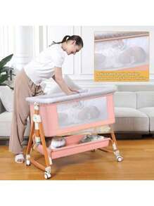 3-In-1 Baby Bassinet, Adjustable Bedside Bassinet With Comfy Mattress, Wheels, 6 Height Levels, Easy Folding Portable Crib For Newborns - Hồng - Xem 3