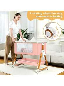 3-In-1 Baby Bassinet, Adjustable Bedside Bassinet With Comfy Mattress, Wheels, 6 Height Levels, Easy Folding Portable Crib For Newborns - Hồng - Xem 2