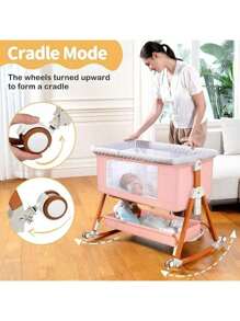 3-In-1 Baby Bassinet, Adjustable Bedside Bassinet With Comfy Mattress, Wheels, 6 Height Levels, Easy Folding Portable Crib For Newborns - Hồng - Xem 5