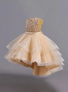 Young Girls Sleeveless Round Neck Sequin Bow Tulle Trailing Puffy Dress, Elegant & For Weddings & Parties, Excluding Headband