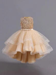 Young Girls Sleeveless Round Neck Sequin Bow Tulle Trailing Puffy Dress, Elegant & For Weddings & Parties, Excluding Headband