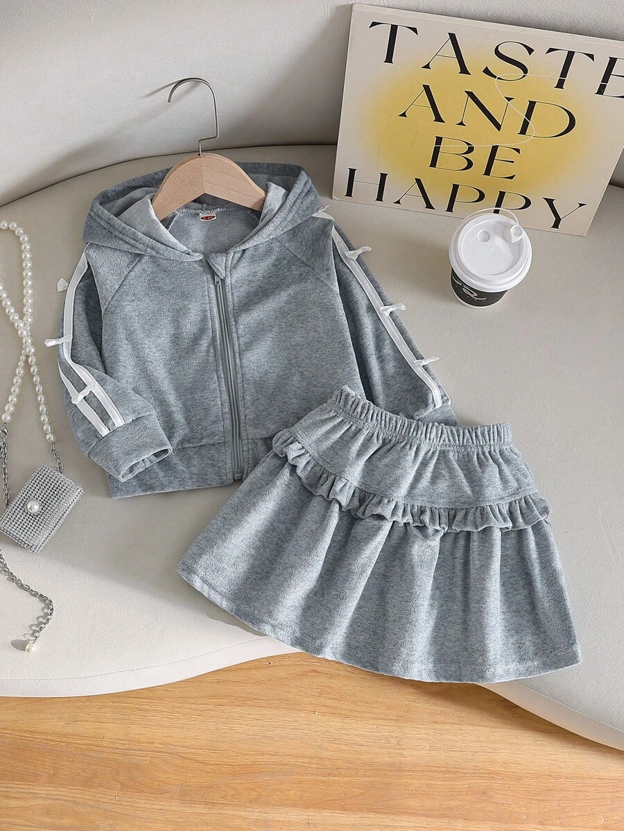 2pcs/Set Girls Fashion Casual Solid Color Hooded Cardigan + Matching Skirt - Grey - View 1