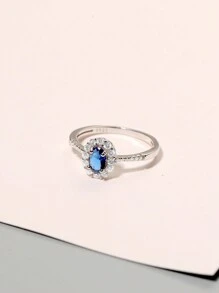 1pc Sterling S925 Silver Luxury Elegant Fashion Charming Sparking Geometric Oval Dark Blue Zirconia Finger Ring For Women Couple Party Wedding Engagement Statement Jewelry Gift Valentines