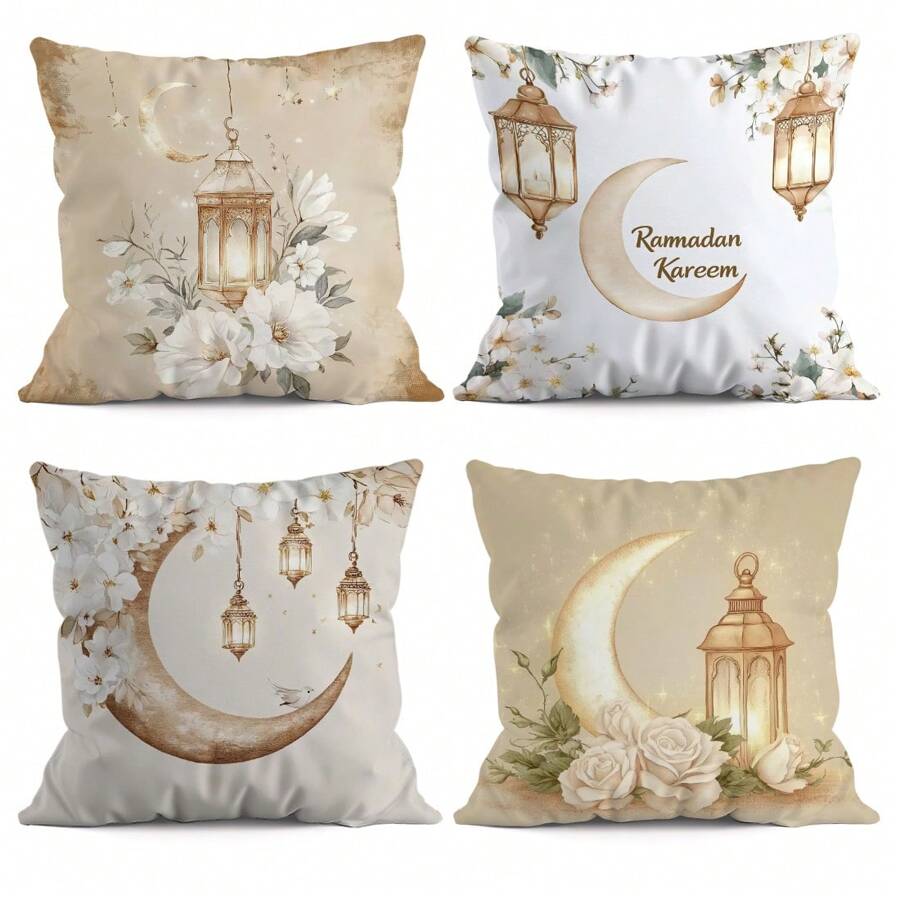 4pcs Ramadan Crescent Moon Lantern Print Throw Pillow Covers, 45*45cm - Multicolor - View 1
