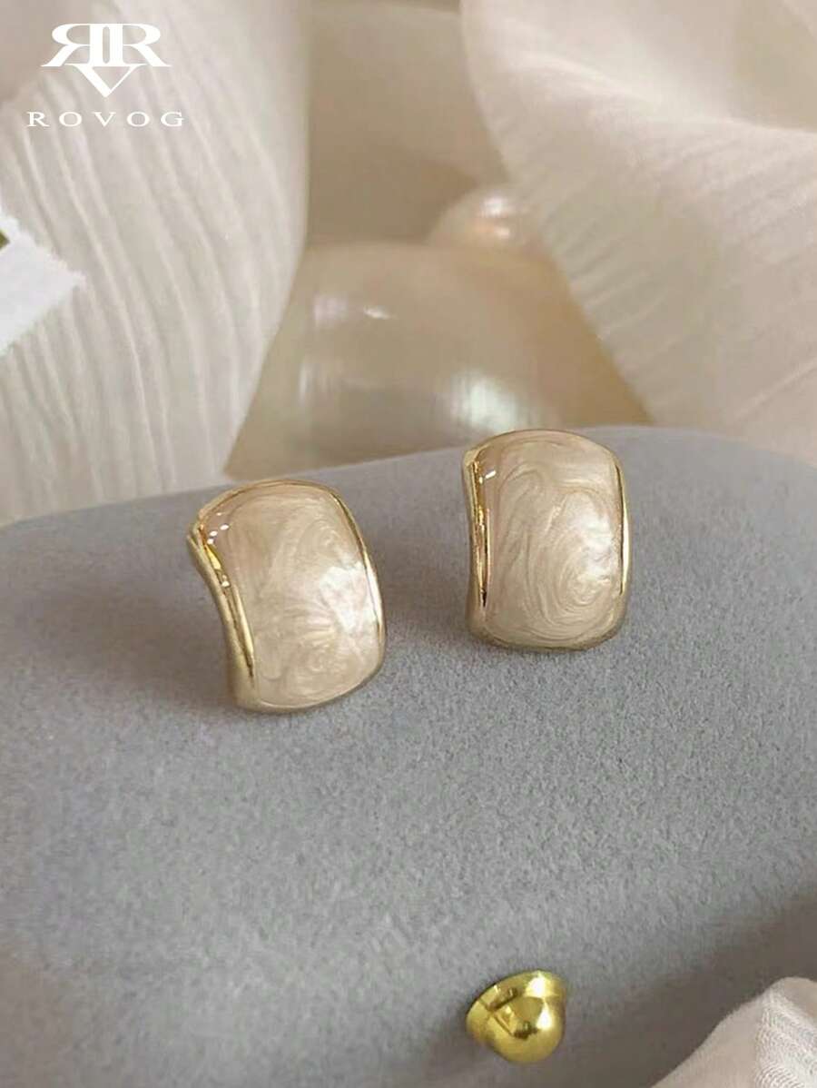 1 对简约几何白色方形法式优雅复古奢华百搭女士耳环 - 白色 - 查看 1