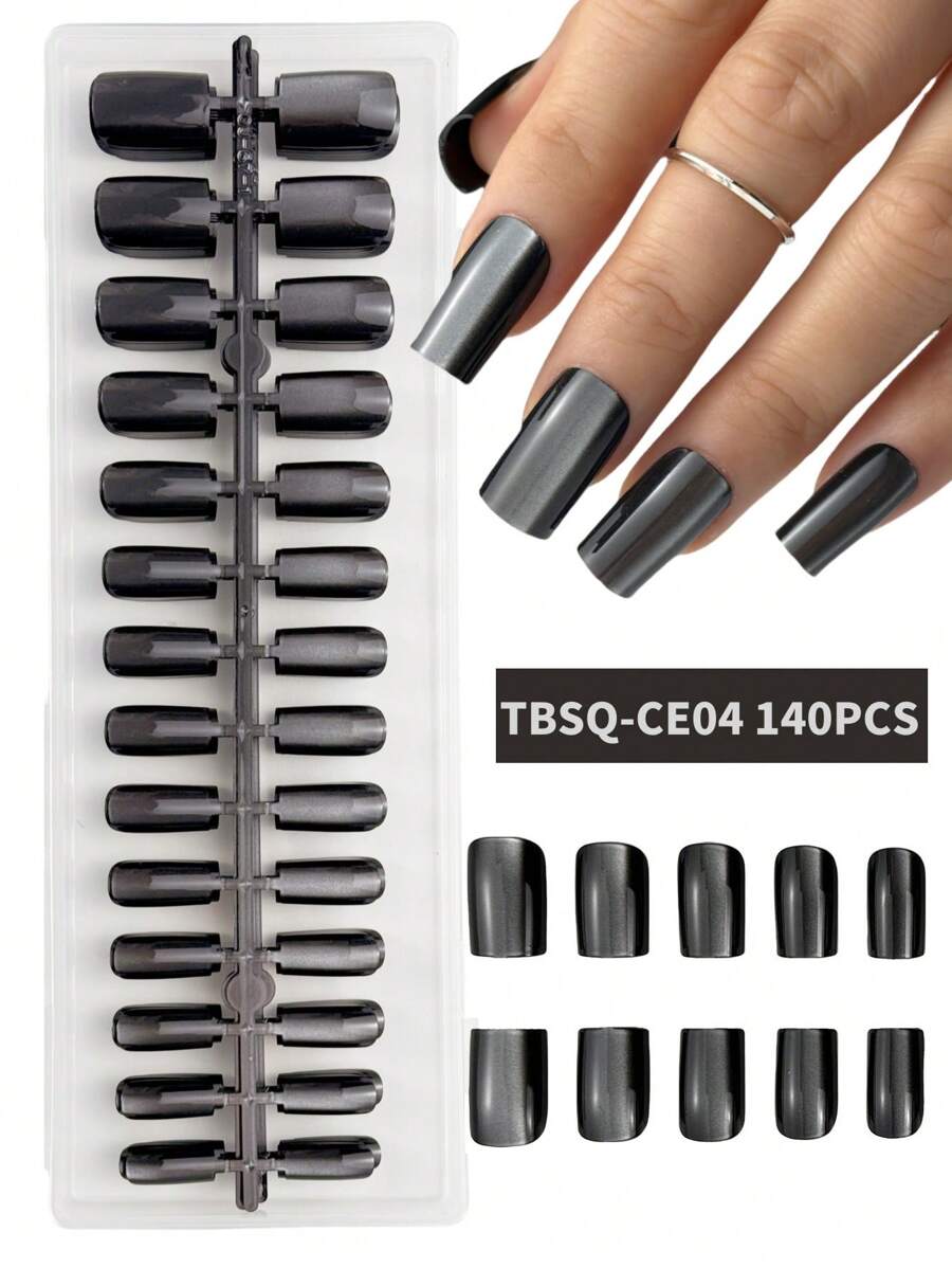 140pcs Medium Square BLACK Cateye Glossy Fake Nails Acrylic Press On Nails False Nails Tips Full Cover Artificial Nails For Women Manicure Salon Diy Black Nails