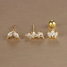 3 chiếc bông tai xoắn ốc bằng thép không gỉ mạ vàng 18K Cubic Zirconia, bông tai sụn Cubic Zirconia hình hoa, trang sức hàng ngày cho phụ nữ - Hoa3 - Xem 2